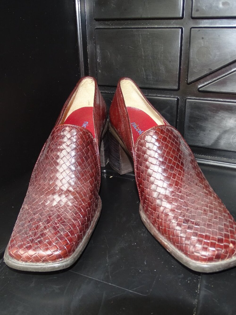 Nicole Burgundy Woven Leather Square Toe Block Heel Loafers Size 8